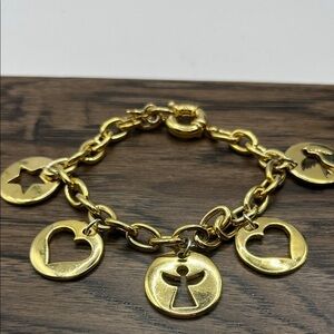 Charm Bracelet: Large Heart, Angel, Star Dove Charms Gold Tone